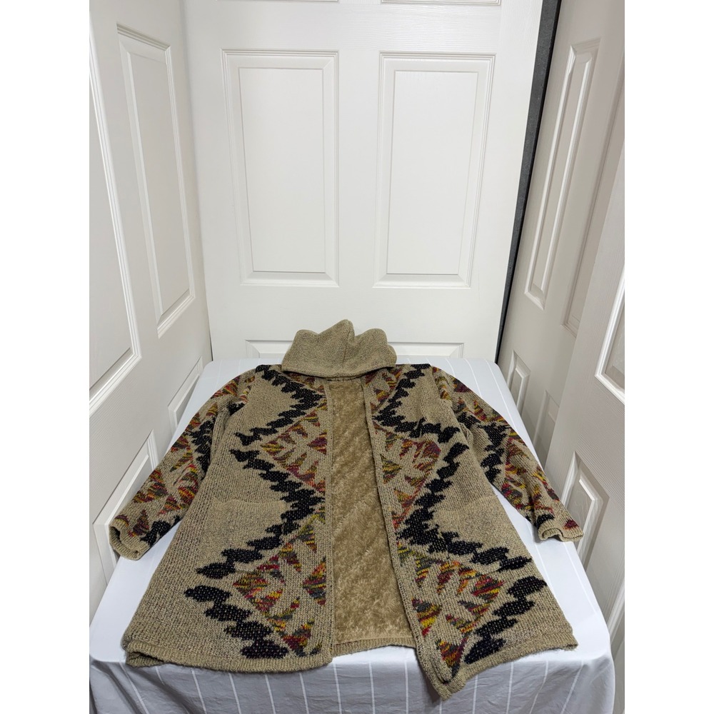 Woven Heart Womens 1X Southwest Hooded Faux Fur Lined Cardigan Tan WH26FWP